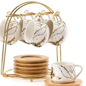 LUKA NIB Ceramic Espresso Cups Saucers Metal Stand Small 4 oz Porcelain